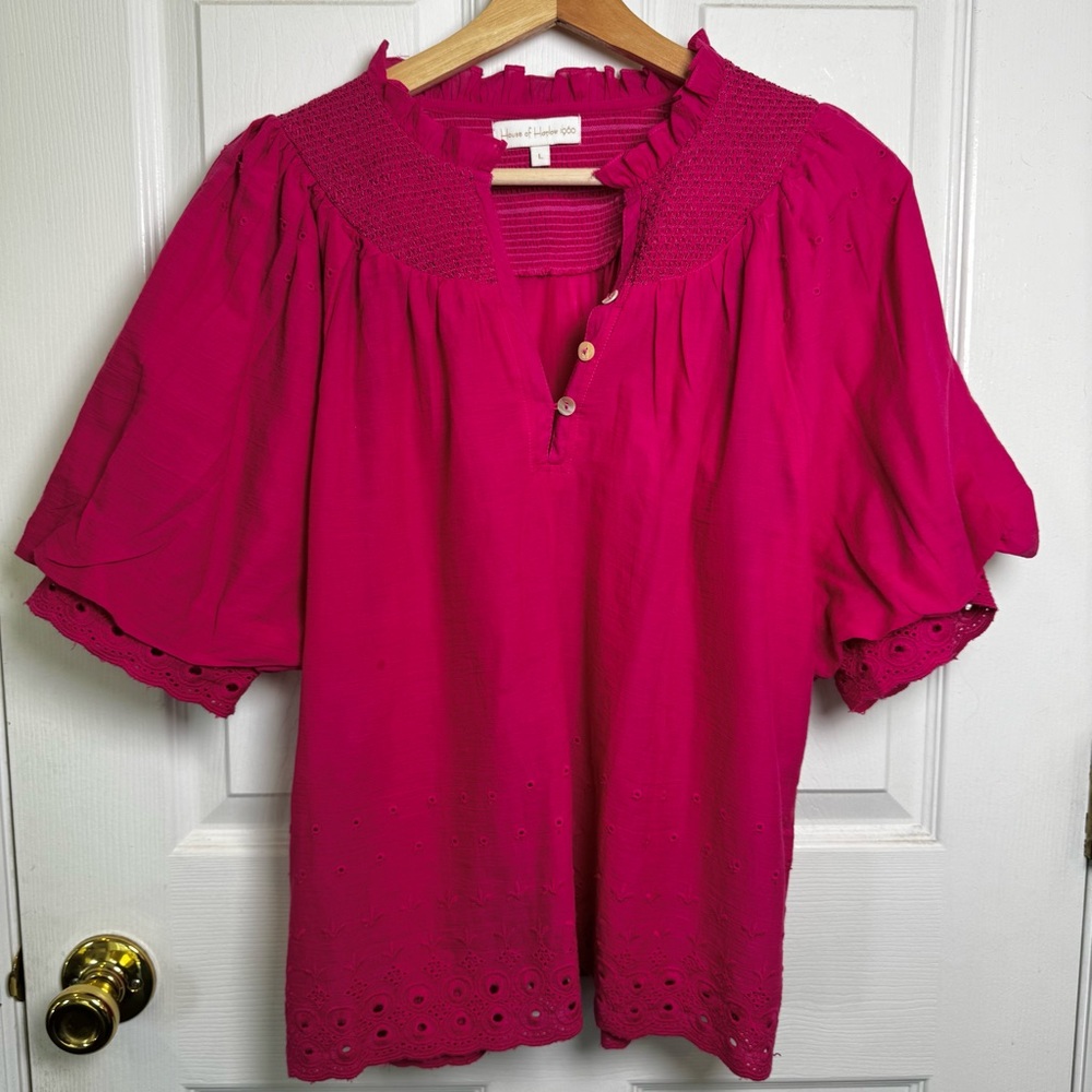 House of Harlow 1960 Fuchsia Eyelet Puff Sleeve Cotton Blouse Size Large Boho